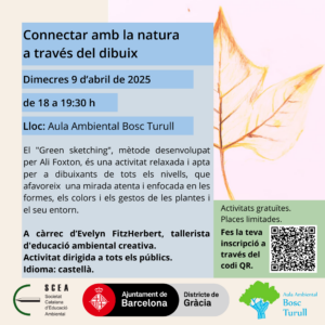 Cartell de l'activitat "Connectar amb la natura a través del dibuix", de la programació de primavera 2025 de l'Aula Ambiental Bosc Turull.
