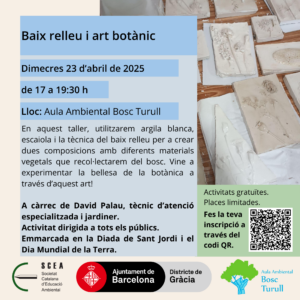 Cartell de l'activitat "Baix relleu i art botànic" de la programació de primavera 2025 de l'Aula Ambiental Bosc Turull.