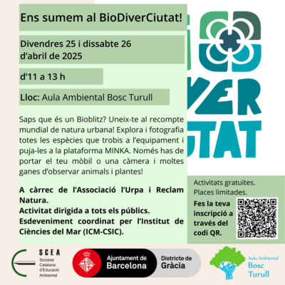 Cartell de l'activitat "Ens sumem al BioDiverCiutat!" de la programació de primavera 2025 de l'Aula Ambiental Bosc Turull.
