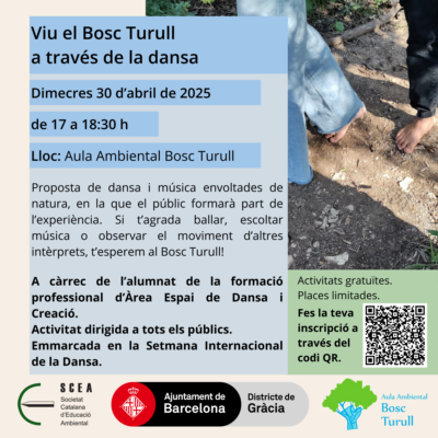 Cartell de l'activitat "Viu el Bosc Turull a través de la dansa" de la programació de primavera 2025 de l'Aula Ambiental Bosc Turull.