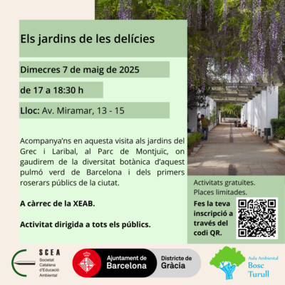 Cartell de l'activitat "Els jardins de les delícies" de la programació de primavera 2025 de l'Aula Ambiental Bosc Turull.