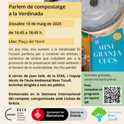 Cartell de l'activitat "Parlem de compostatge a la Verdinada" de la programació de primavera de l'Aula Ambiental Bosc Turull.