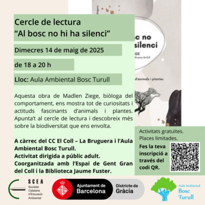 Cartell de l'activitat Cercle de lectura "Al bosc no hi ha silenci"" de la programació de primavera 2025 de l'Aula Ambiental Bosc Turull.