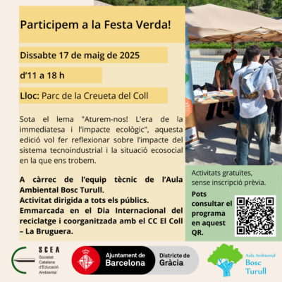 Cartell de l'activitat "Participem a la Festa Verda!" de la programació de primavera 2025 de l'Aula Ambiental Bosc Turull.