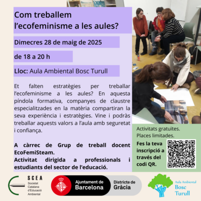 Cartell de l'activitat "Com treballem l’ecofeminisme a les aules?" de la programació de primavera 2025 de l'Aula Ambiental Bosc Turull.