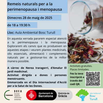 Cartell de l'activitat "Remeis naturals per a la perimenopausa i menopausa" de la programació de primavera 2025 de l'Aula Ambiental Bosc Turull.
