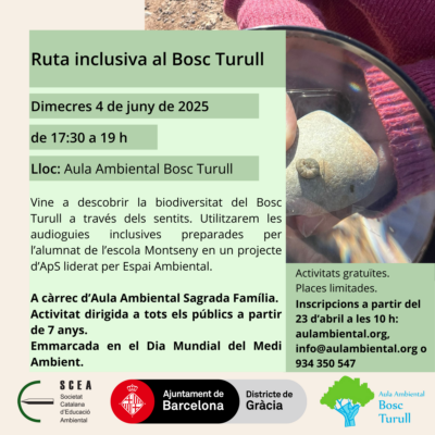 Cartell de l'activitat "Ruta inclusiva al Bosc Turull" de la programació de primavera 2025 de l'Aula Ambiental Bosc Turull.