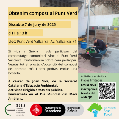 Cartell de l'activitat "Obtenim compost al Punt Verd" de la programació de primavera 2025 de l'Aula Ambiental Bosc Turull.