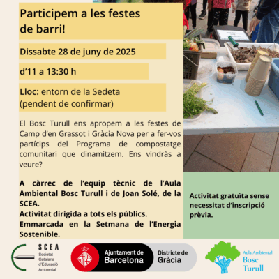 Cartell de l'activitat "Participem a les festes del barri!" de la programació de primavera 2025 de l'Aula Ambiental Bosc Turull.