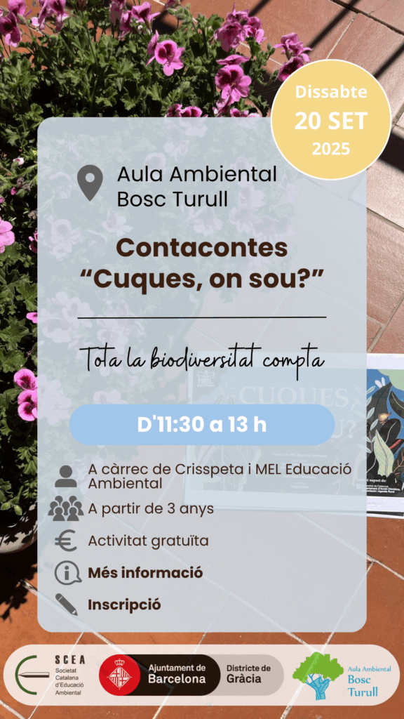 Cartell de l'activitat "Contacontes “Cuques, on sou?”" de la programació de tardor 2025 de l'Aula Ambiental Bosc Turull.