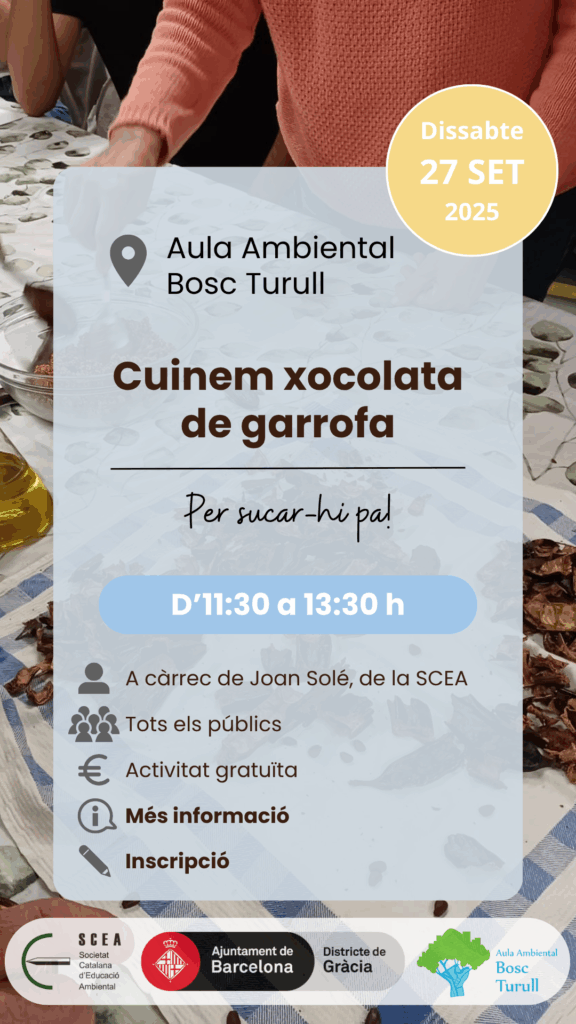 Cartell de l'activitat "Cuinem xocolata de garrofa" de la programació de tardor 2025 de l'Aula Ambiental Bosc Turull.