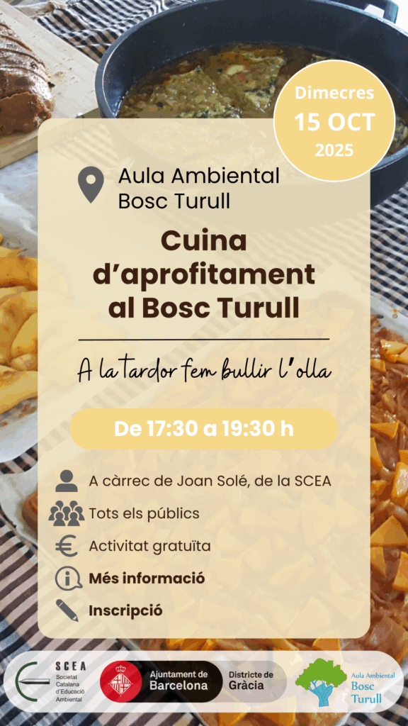 Cartell de l'activitat "Cuina d’aprofitament al Bosc Turull" de la programació de tardor 2025 de l'Aula Ambiental Bosc Turull.