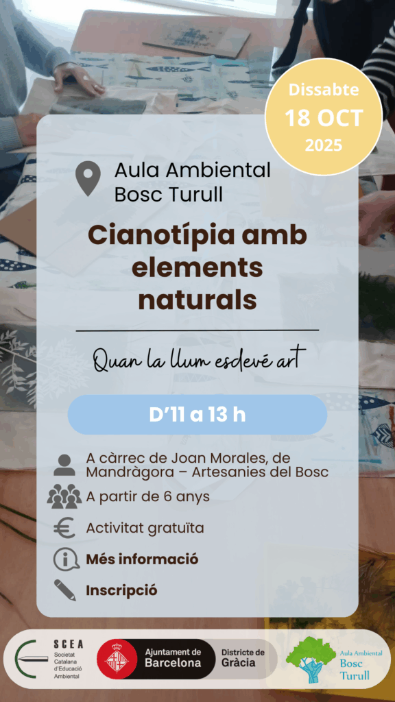 Cartell de l'activitat "Cianotípia amb elements naturals" de la programació de tardor 2025 de l'Aula Ambiental Bosc Turull.