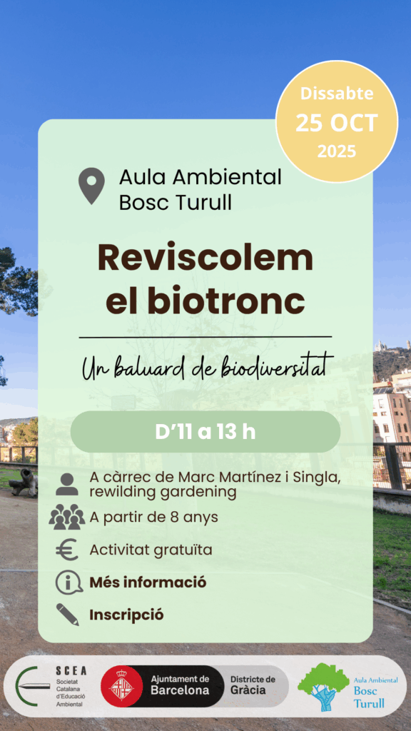 Cartell de l'activitat "Reviscolem el biotronc" de la programació de tardor 2025 de l'Aula Ambiental Bosc Turull.