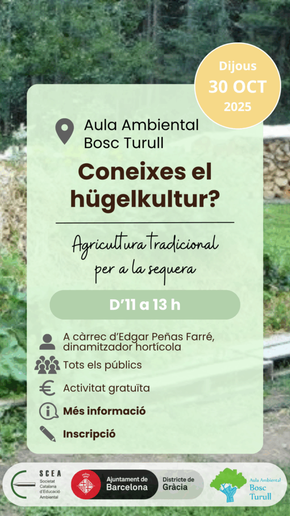 Cartell de l'activitat "Coneixes el hügelkultur?" de la programació de tardor 2025 de l'Aula Ambiental Bosc Turull.