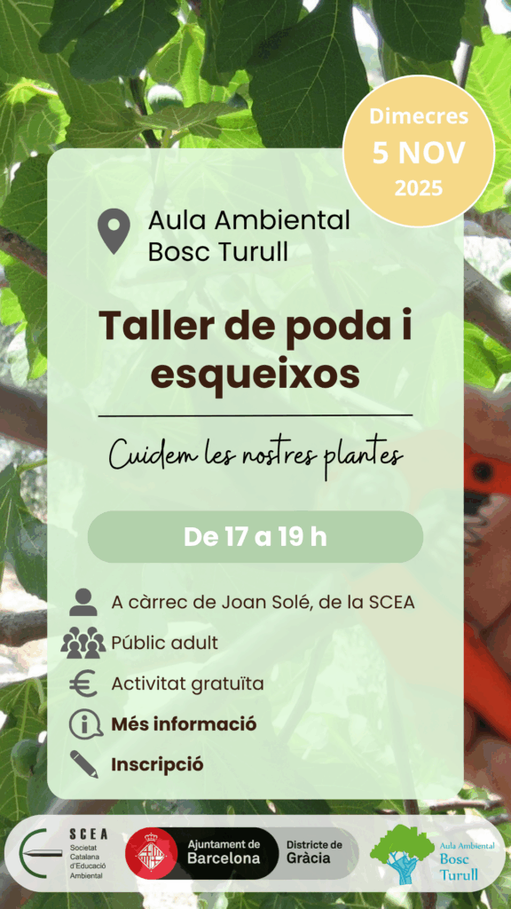 Cartell de l'activitat "Taller de poda i esqueixos" de la programació de tardor 2025 de l'Aula Ambiental Bosc Turull.