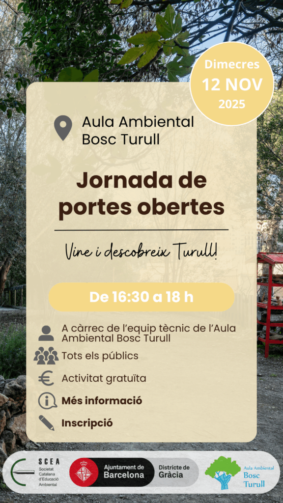 Cartell de l'activitat "Jornada de portes obertes" de la programació de tardor 2025 de l'Aula Ambiental Bosc Turull.