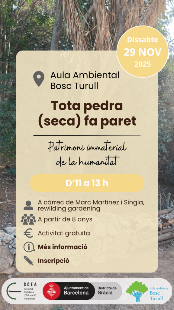 Cartell de l'activitat "Tota pedra (seca) fa paret" de la programació de tardor 2025 de l'Aula Ambiental Bosc Turull.