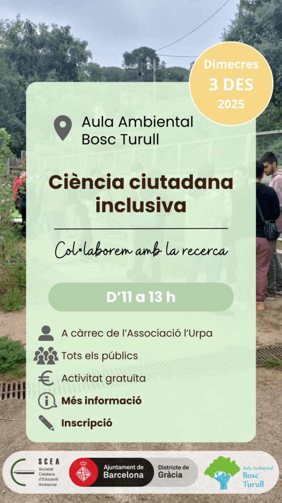 Cartell de l'activitat "Ciència ciutadana inclusiva" de la programació de tardor 2025 de l'Aula Ambiental Bosc Turull.