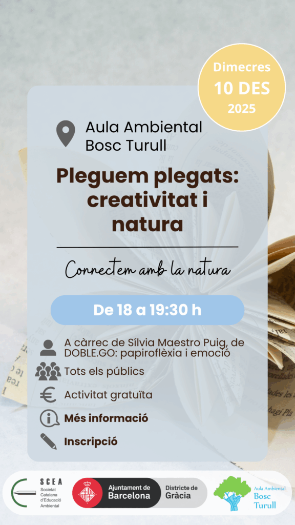 Cartell de l'activitat "Pleguem plegats: creativitat i natura" de la programació de tardor 2025 de l'Aula Ambiental Bosc Turull.