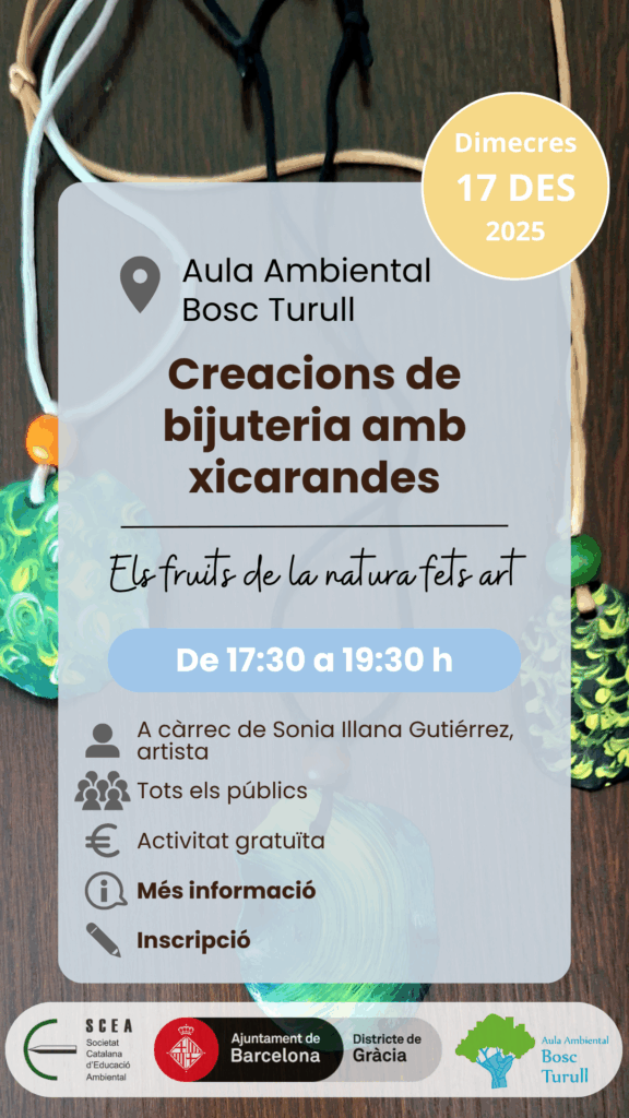 Cartell de l'activitat "Creacions de bijuteria amb xicarandes" de la programació de tardor 2025 de l'Aula Ambiental Bosc Turull.
